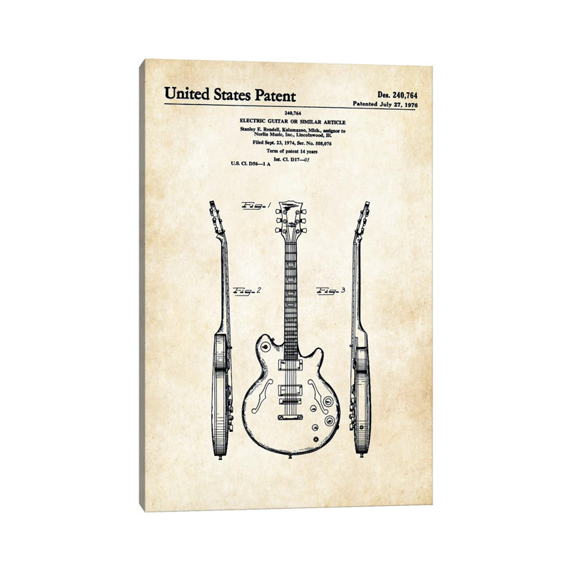 «Les Paul Guitare» (ES-335) par Patents77 - reproduction sur toile tendue, H 12 po x l 8 po x P 0,75 po