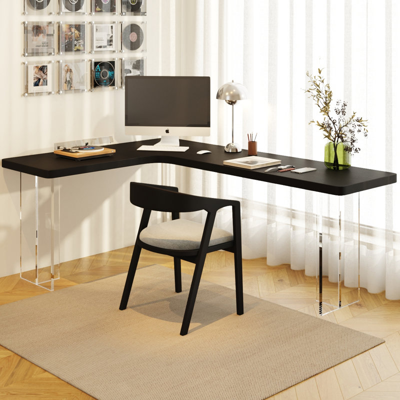 Black Solid Wood L-Shaped Desk with Acrylic Legs, 29.53" H x 62.99" W x 47.24" D 