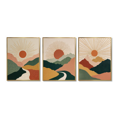 «Sunrise Mirror of Mountains Landscape», ensemble d'art mural abstrait Mid-Century vert sur 3