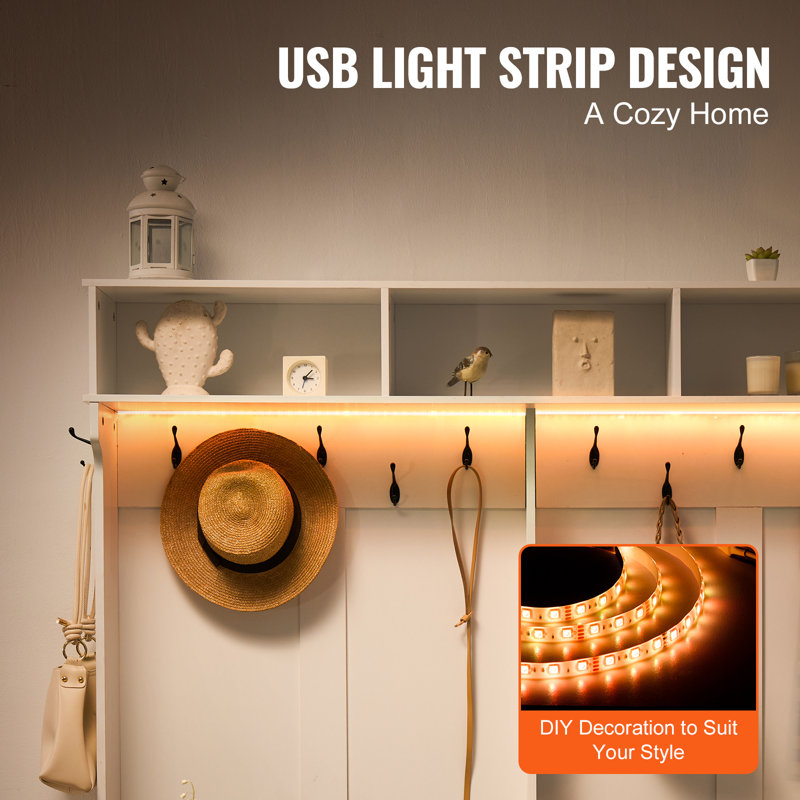 Hall Tree Entryway Bench, LED Coat Rack with Shoe Storage, 59" Wide Mudroom Bench with Storage and Seating