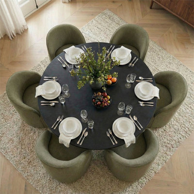 Ensemble de table de salle à manger pour 6 personnes avec table ronde et 6 chaises rembourrées en tissu