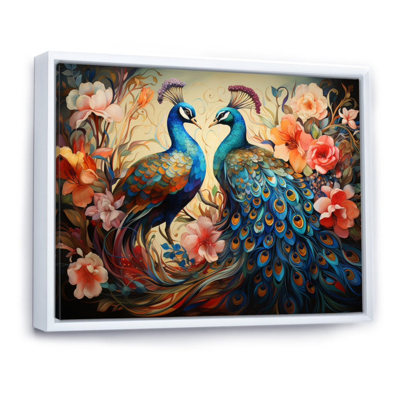«Blue Coral Indian Art Dancing Peacocks I», art mural indien, H 34 po x l 44 po x P 1,5 po, Cadre flottant blanc