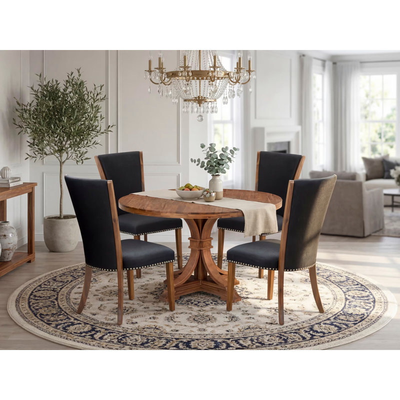 Ensemble de 5 pièces pour 4 personnes comprenant une table ronde avec piédestal et 4 chaises rembourrées en tissu de lin noir, noyer antique