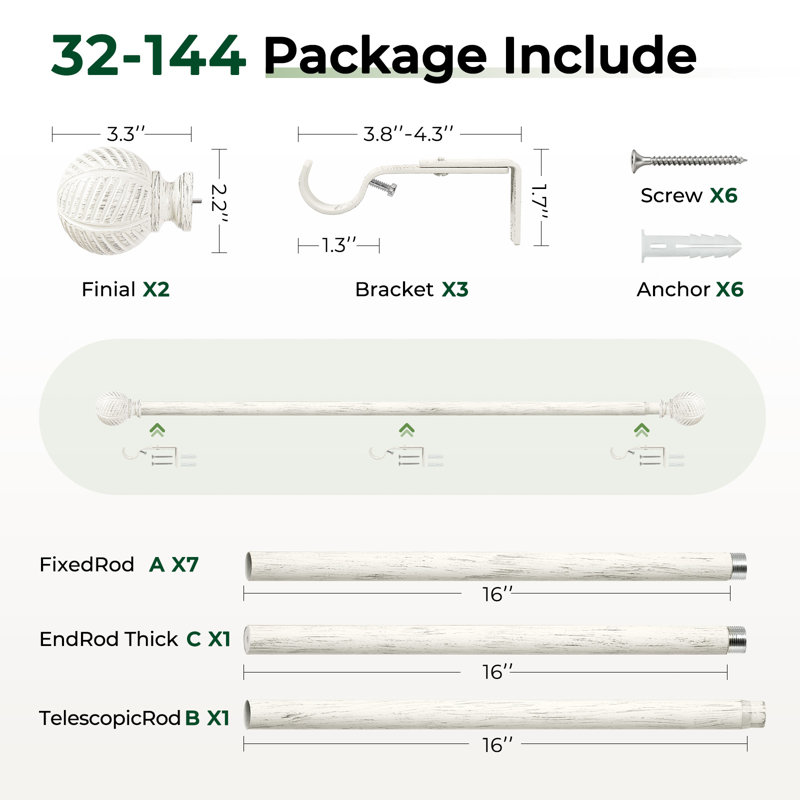 Tringle à rideaux simple réglable en métal, 32" - 144", Blanc