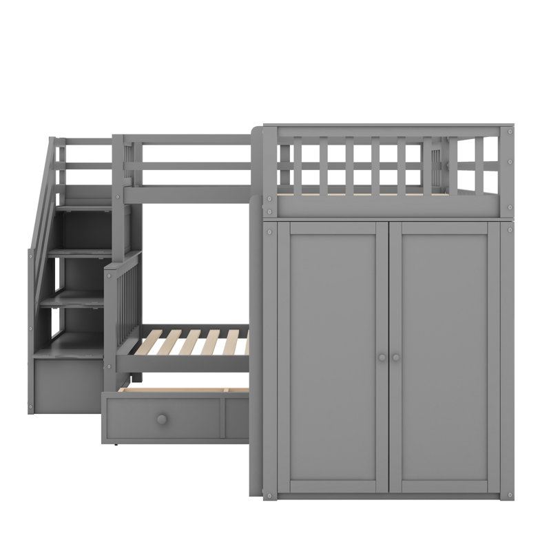 Jamelah Twin-Twin over Full L-Shaped Bunk Bed With 3 Drawers, Portable Desk and Wardrobe, Gray