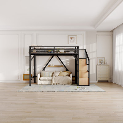 Lit mezzanine simple TG avec escalier de rangement, tablettes et garde-robe intégrée, structure en métal avec lumières USB et DEL, bois naturel