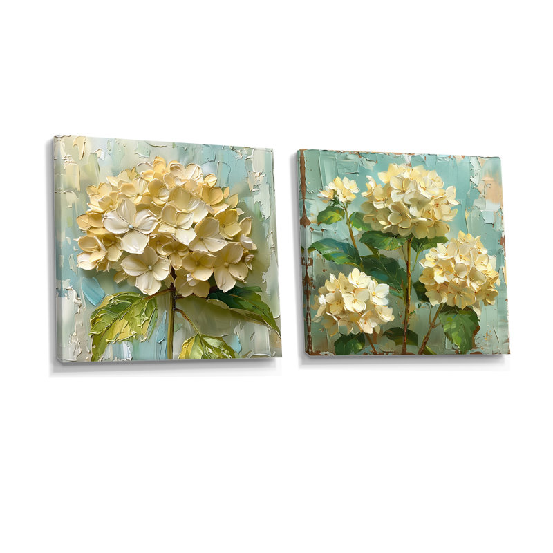 Vintage rétro hortensia beige «Blooms I» - art mural hortensia - ensemble d'art mural traditionnel 2 pièces, Toile tendue