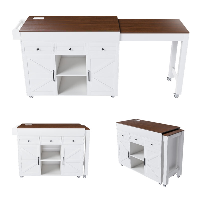 Îlot de cuisine avec table extensible et rangement roulant, Brun / Blanc