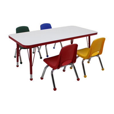 30" x 48" Rectangle Dry-Erase Activity Table with Standard Legs and 10" Stack Chairs with Ball Glides, 5-Piece Set - Whiteboard/Blue/Assorted