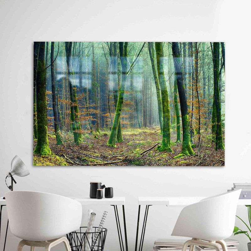 Art mural vert en verre trempé avec des images de forêt et d'arbres pour la décoration intérieure, H 9,1 po x l 14,2 po