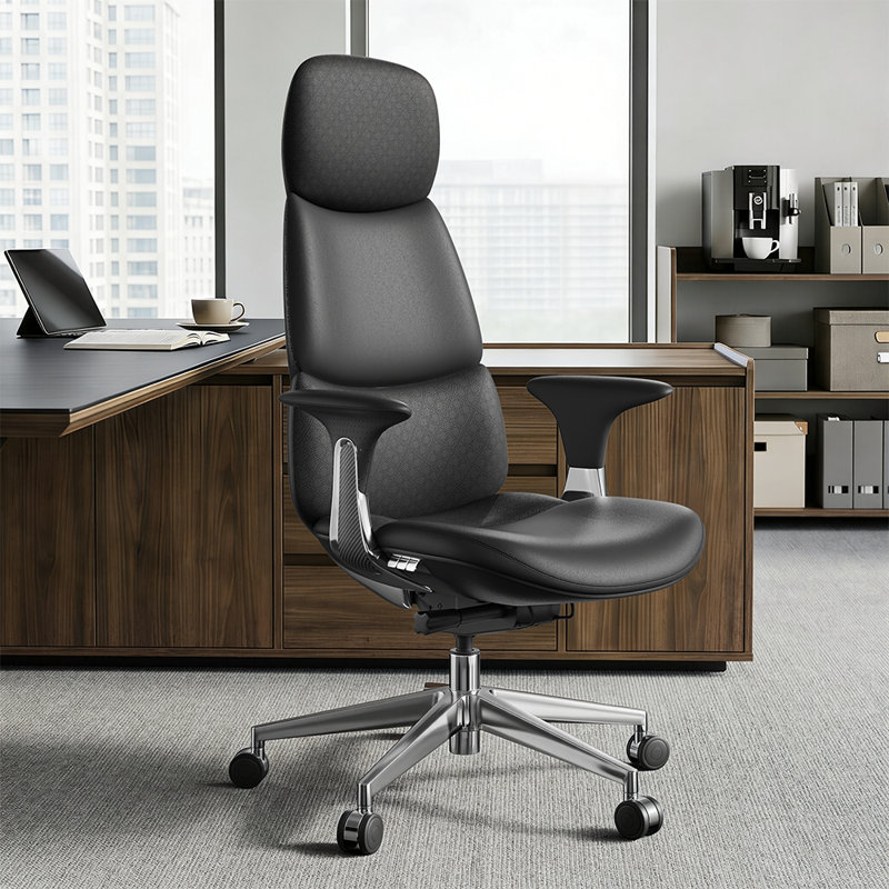 Genuine Leather Executive Chair, Swivel Ergonomic Office Chair, Home Desk Chair with Tilt Reclining, Adjustable Height, Adjustable Seat Depth