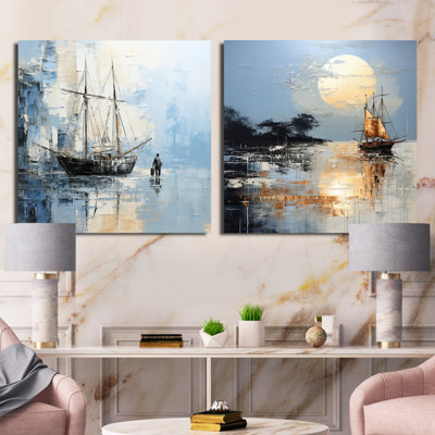 Minimalisme, paysage de pirate bleu et blanc - ensemble de 2 carrés côtiers