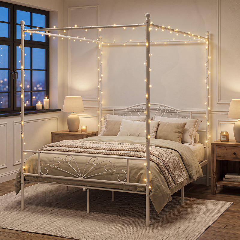 Double (4'6) Steel Four Poster Bed, White