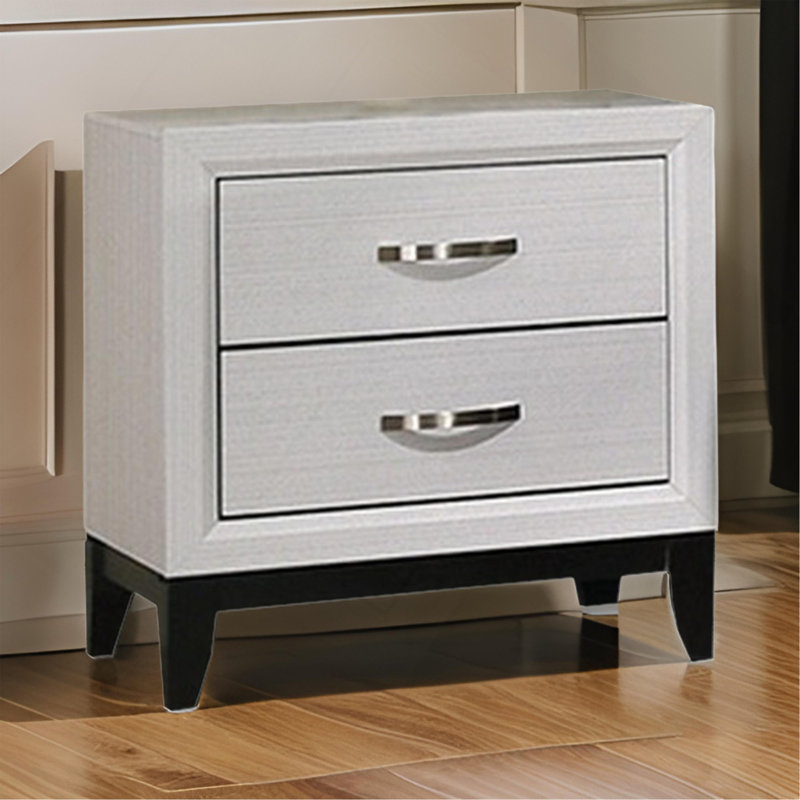 Erica Nightstand, 2 Drawers, White Wood Finished Frame, Metal Handles, White