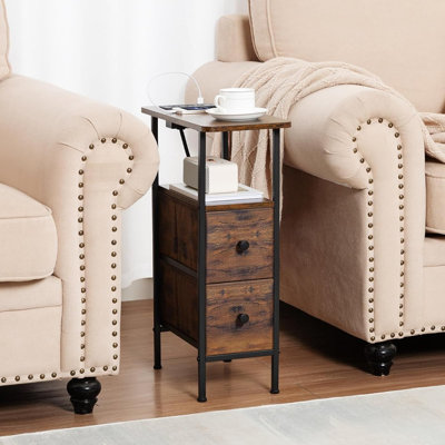 Set Of 2 Slim Nightstands With Charging Station, Skinny Side Tables, Rustic Brown
