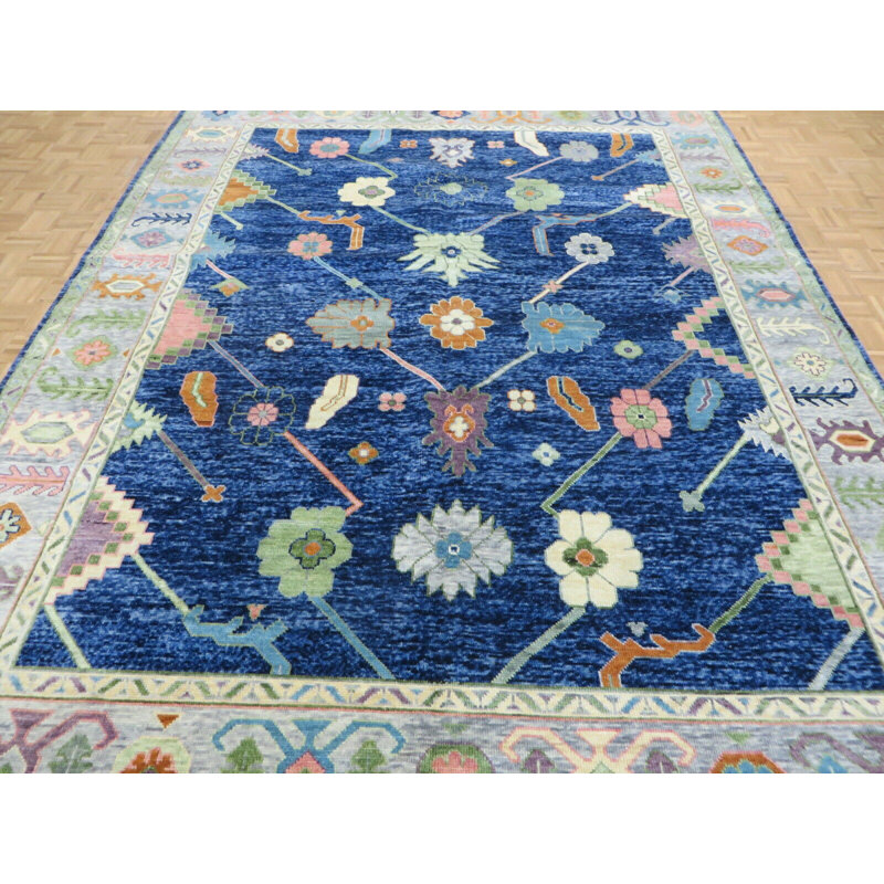 Tapis oriental noué à la main Oushak coloré bleu marine 9 x 11 pi 9 po DD3BDDD4EA044945ADB8DEB0620D75BC