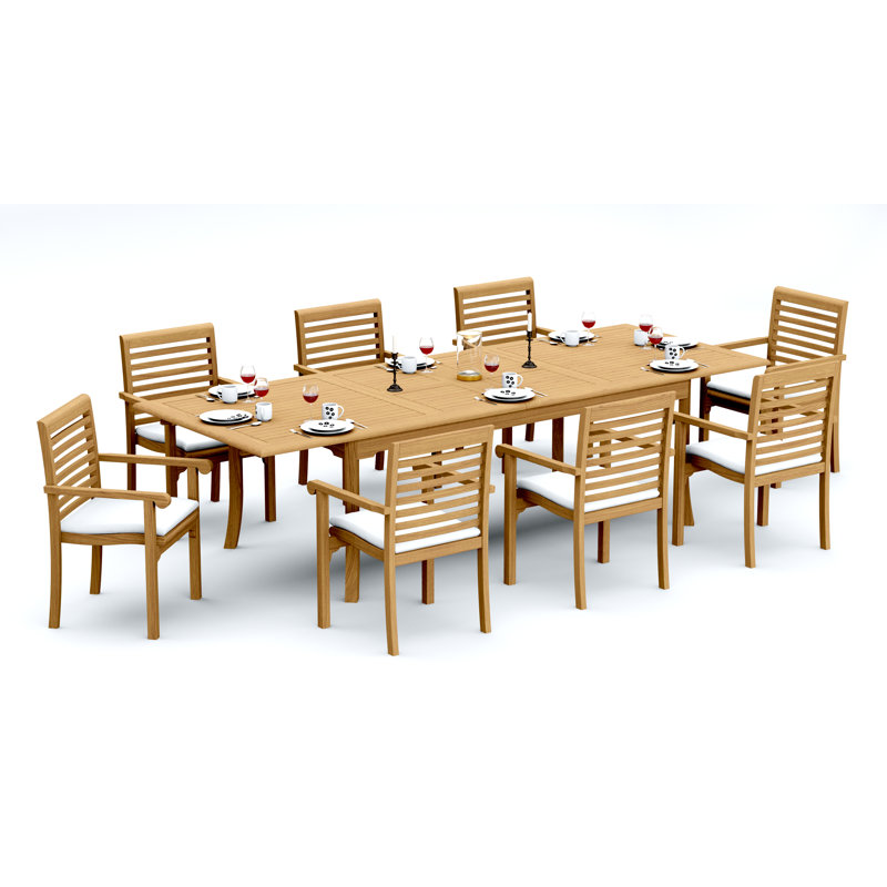 10 Seats 11 Pcs Grade-A Teak Wood Dining Set: 118" Double Extension Rectangle Table And 10 Hari Stacking Arm Chairs #11HR2410