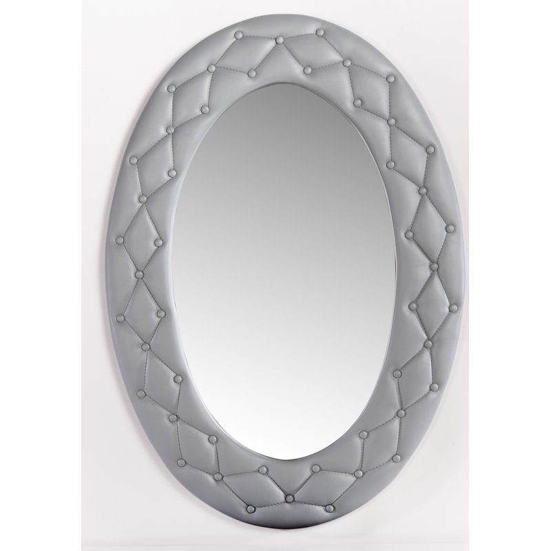 Jeter Caroline Oval Accent Mirror with Gray Faux Leather Upholstery – Tufted Contemporary Wall Mirror