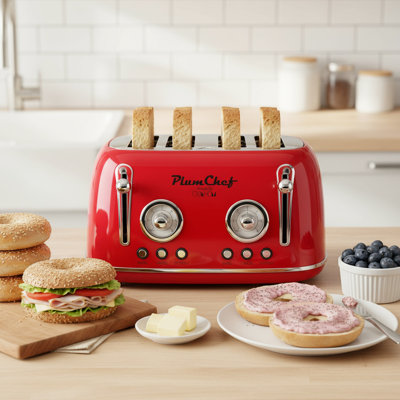 Retro Red 4-Slice Toaster With Dual Independent Controls, Warming Rack, Bagel & Defrost, Stainless Steel, 1650W