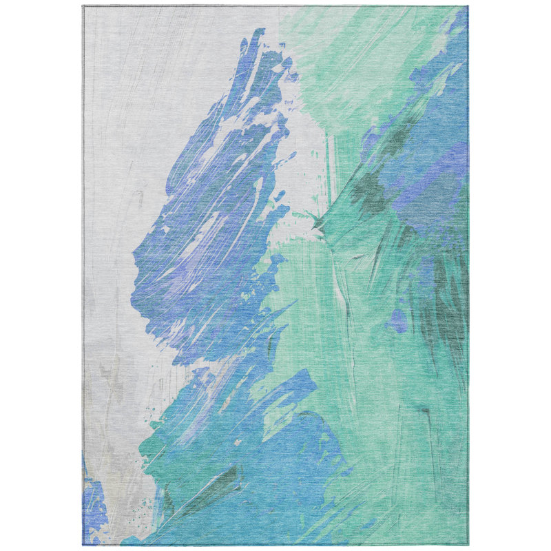 Machine Washable Indoor/Outdoor Xhevrie Seafoam Rug, Rectangle 5' x 7'6"