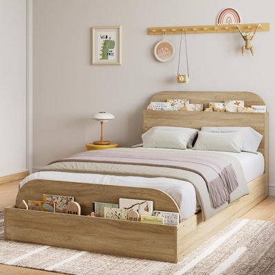 Wooden Bed Frame with Storage Headboard & Footboard, Low Profile Platform Bed with Wooden Slats, No Box Spring Needed