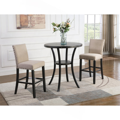 Biony 3-Piece 36" Round Espresso Finish Bar Table With 2 Fabric Nail Head Pub Chairs