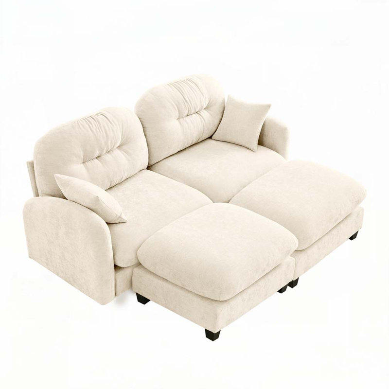 Canapé modulaire en chenille 2 places avec 2 coussins et 2 repose-pieds, Beige, H 36,6 po x l 74 po x P 34,2 po