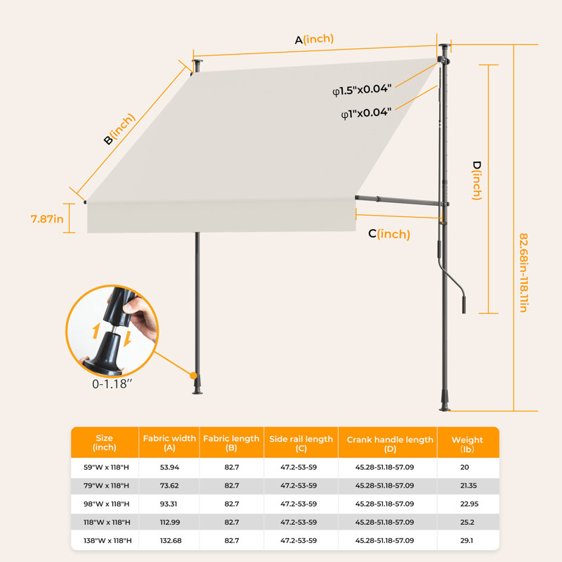 HOMEDEMO Manual Retractable Awning, 59"W x 118"H Retractable Side Bar 47-59", NO Drilling Awings for Backyard Garden Porch Outside Beige