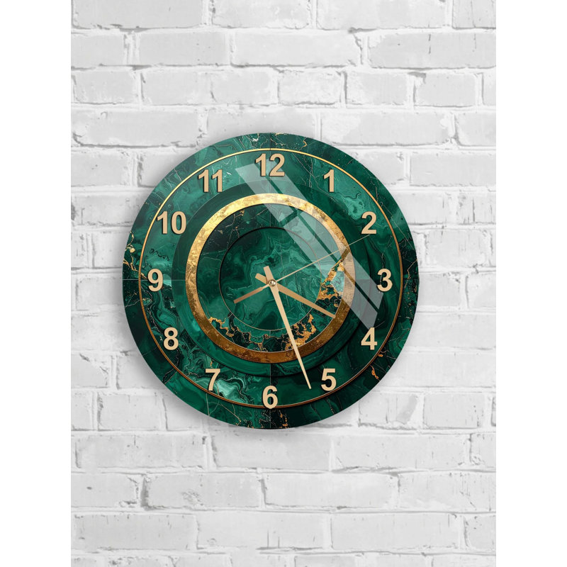 Horloge murale émeraude en verre trempé doré, horloge d'art moderne, horloge silencieuse, horloge de décoration intérieure, horloge de salon