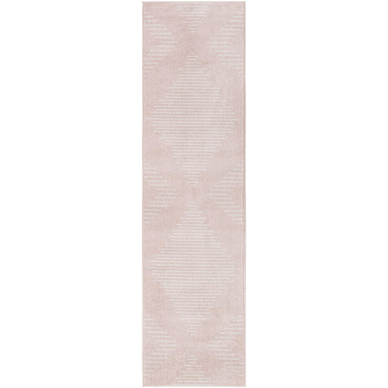 Tapis rayé en polypropylène tissé à la machine en rose clair / ivoire, Tapis de couloir 2 pi 7 po x 10 pi