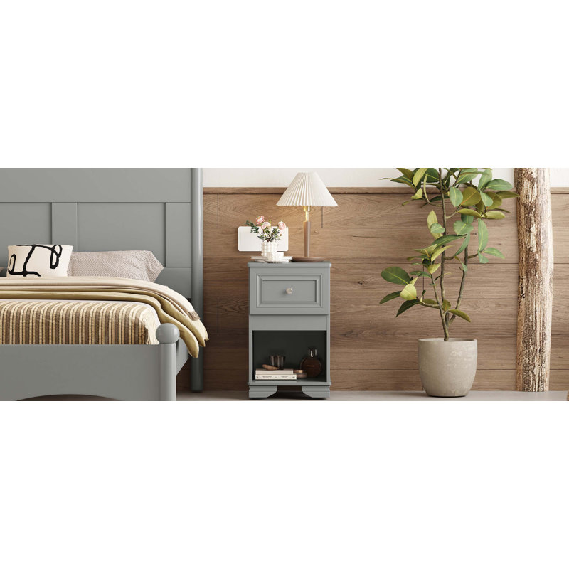 Elegant Design Nightstand with Drawer and Open Shelf for Bedroom, Retro Style Bedside Table with Classic Design and Metal Handle