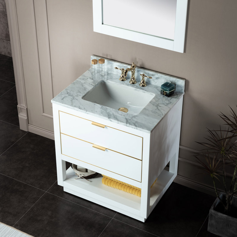 Meuble-lavabo en bois massif 30 po x 21 po x 33 po avec trou pré-percé pour robinet monotrou, Blanc, Nickel brossé