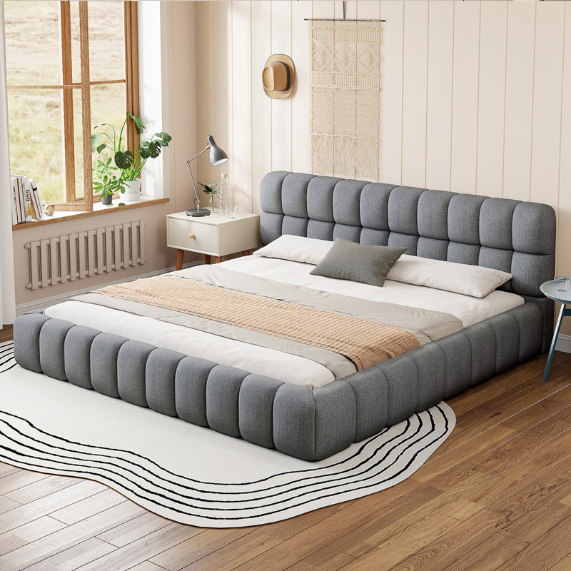 Très grand lit plateforme tapissier avec tissu épais, Gris
