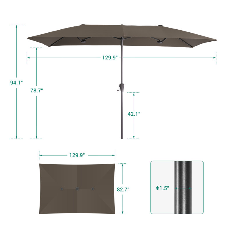Parasol de patio à double face 11 x 7 pi, très grand parasol d'extérieur, Taupe
