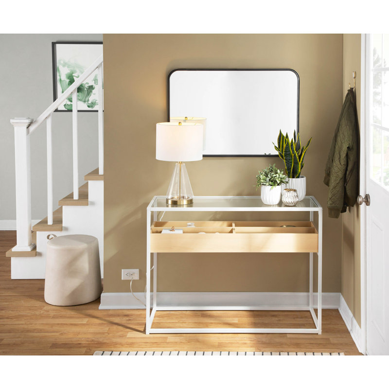 Kaebri 43.25'' Glass Top Console Table, White/Clear, White/Oak