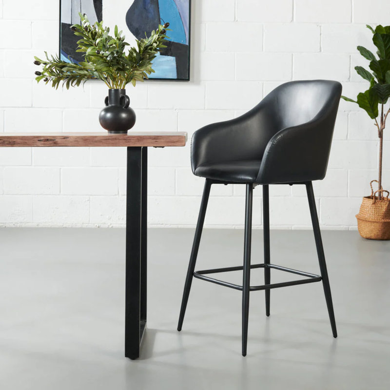 Upholstered Faux Leather Counter Stool with Steel Frame, Black