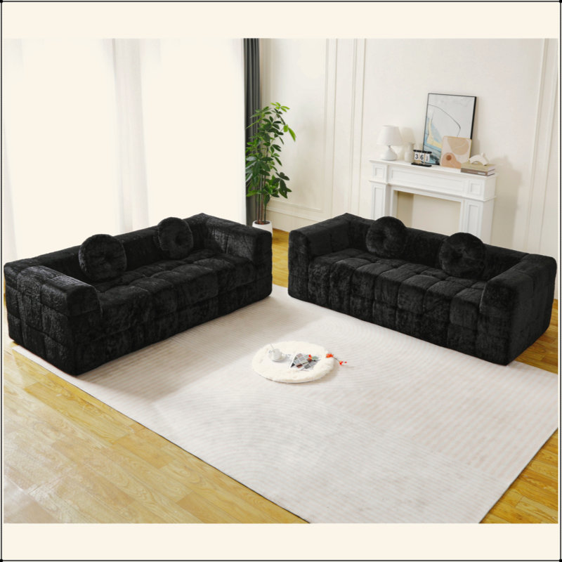 Canapé moderne sans os avec deux coussins décoratifs circulaires, tissu en polyester à poils longs texturé litchi doux pour la peau, canapé en mousse à carreaux