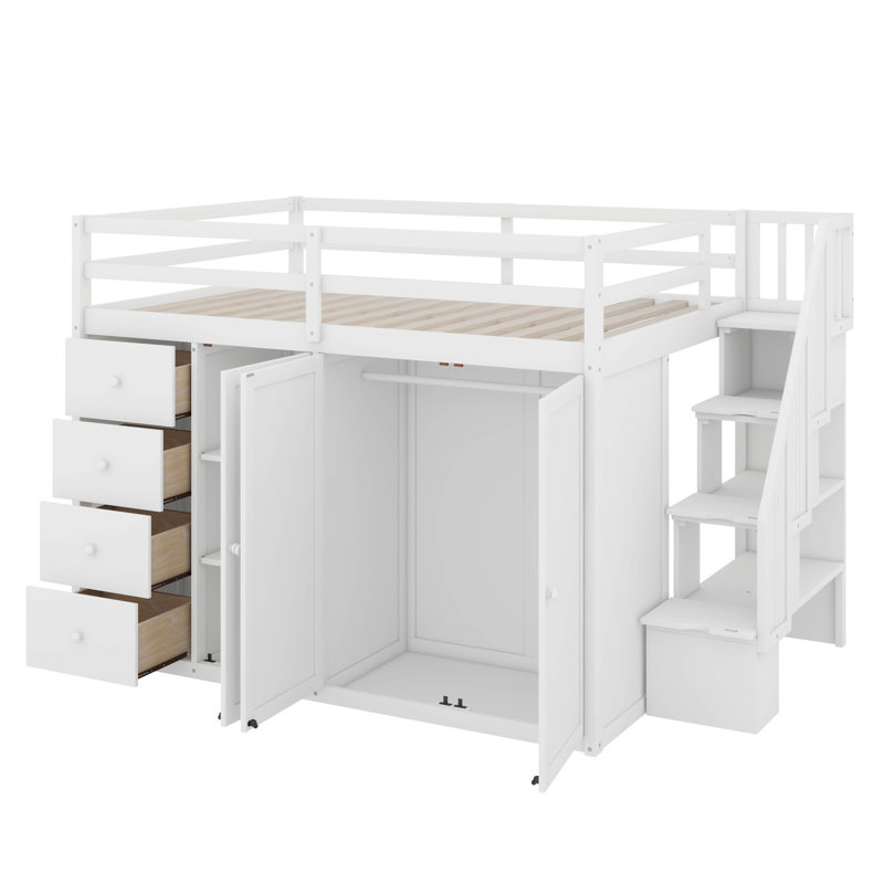 Lit mezzanine en bois pleine grandeur avec placards, armoires et tiroirs, Blanc
