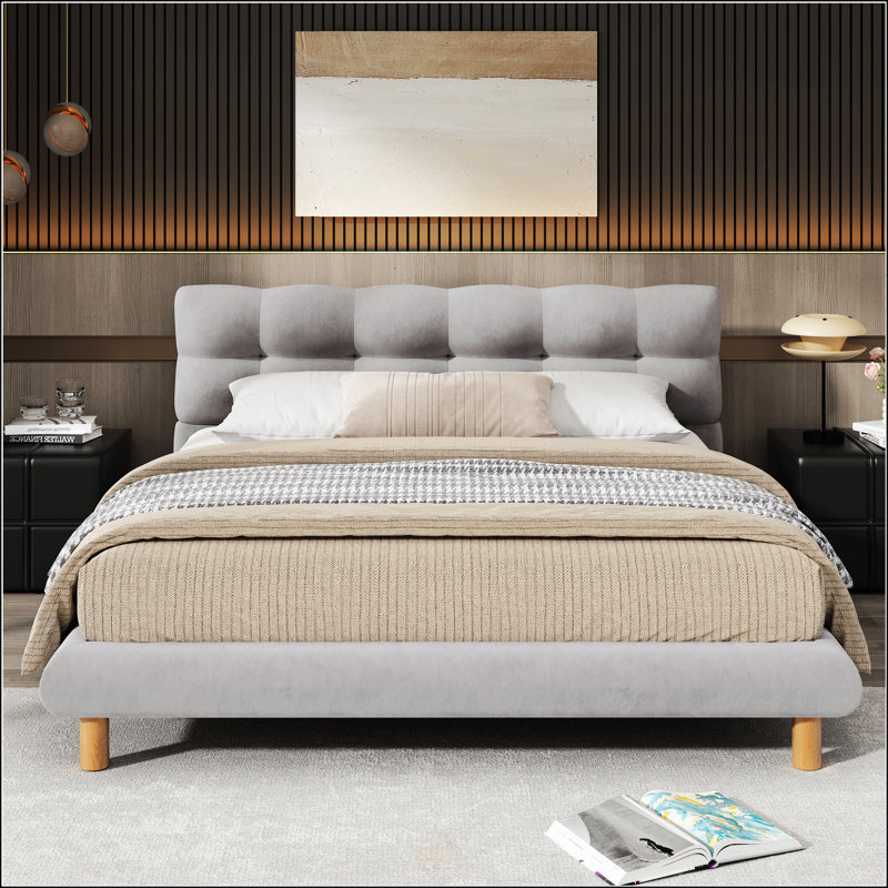 Full Size Upholstered Platform Bed Frame With Cookie-Shaped Headboard