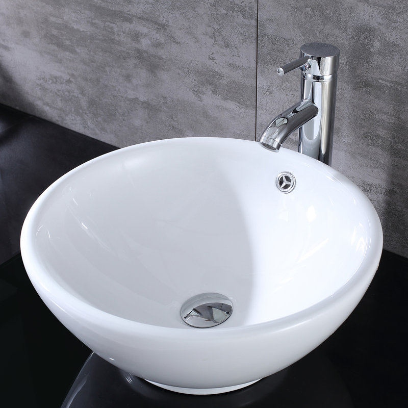 Wonline 15.748'' White Ceramic Circular Bathroom Sink with Faucet and Overflow