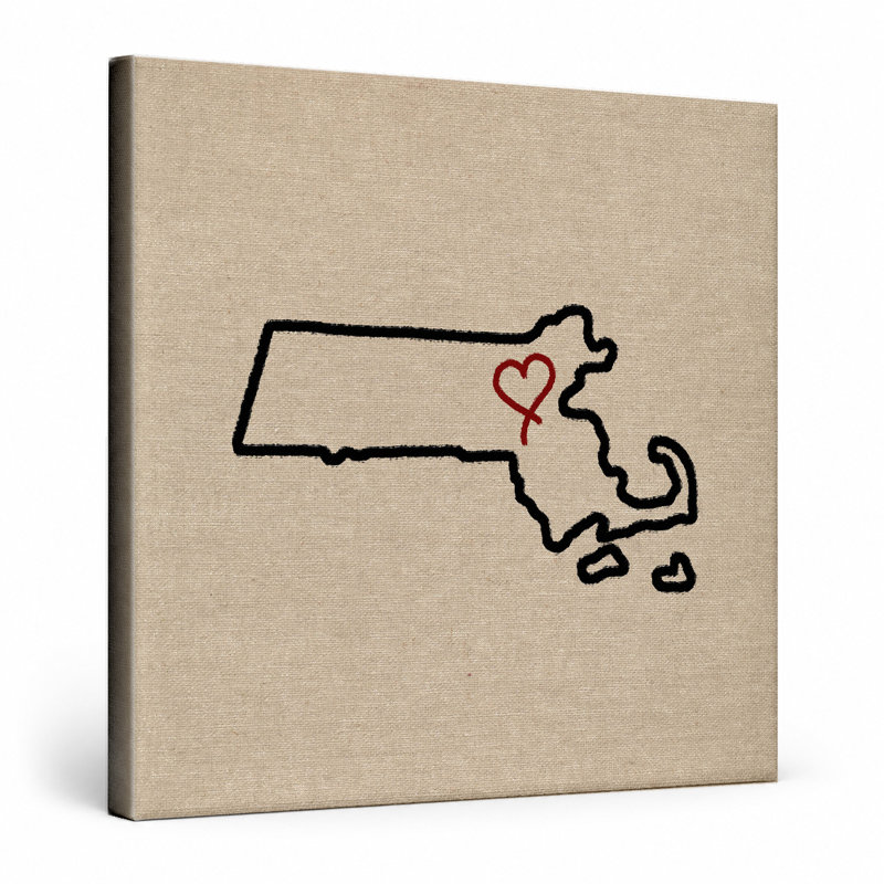 «Love Massachusetts State Outline», art mural sur toile carrée, 16" W x 16" H