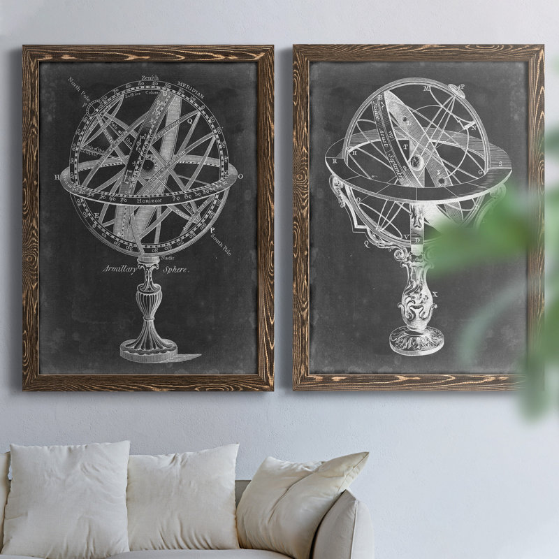 Armillary Sphere on Charcoal I - Ensemble de 2 impressions sur toile encadrées, H 23,5 po x l 31,5 x P 0,75 po, Noyer