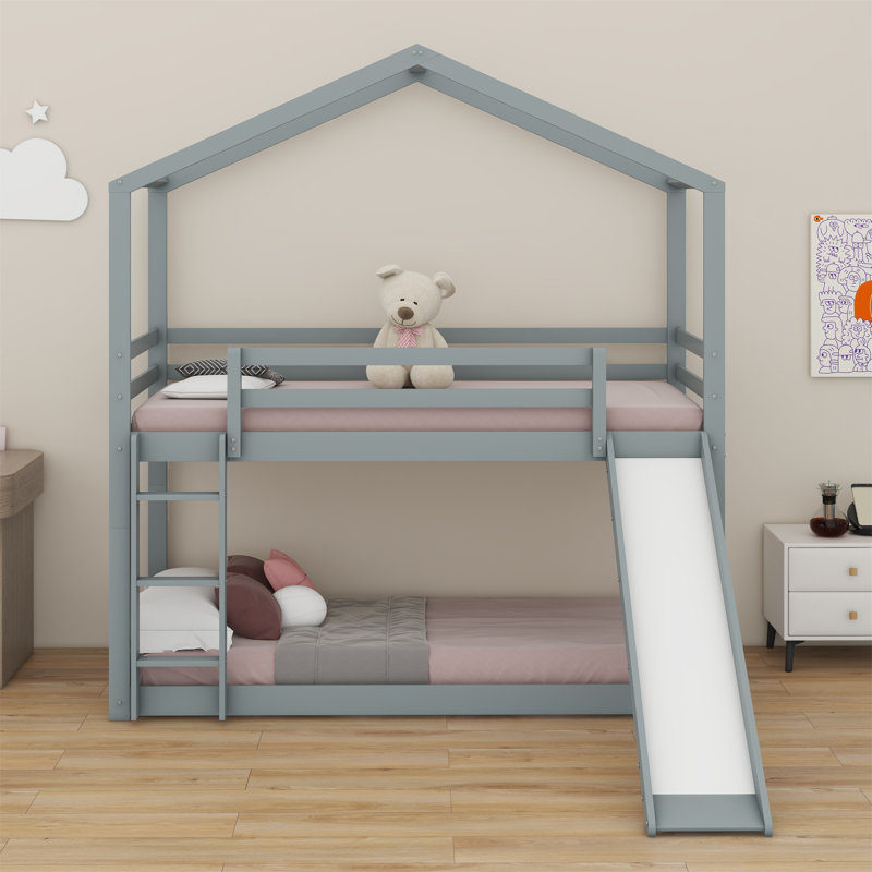 Bunk Bed with Roof, Slide and Ladder, Gray