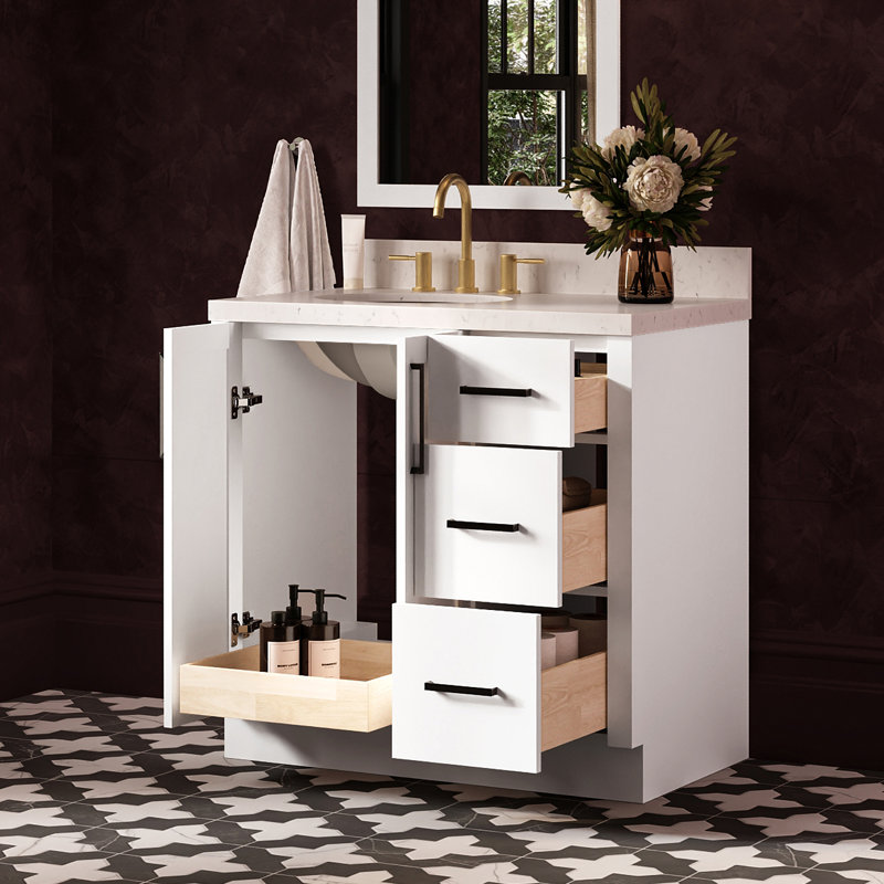   Kayleigh 36 Inch Left Offset Single Oval Sink Bathroom Vanity with Carrara White Quartz Countertop 1.5 Inch in White, Oval