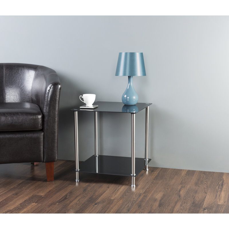 Sleek Black Glass and Chrome Square Side Table with Shelf