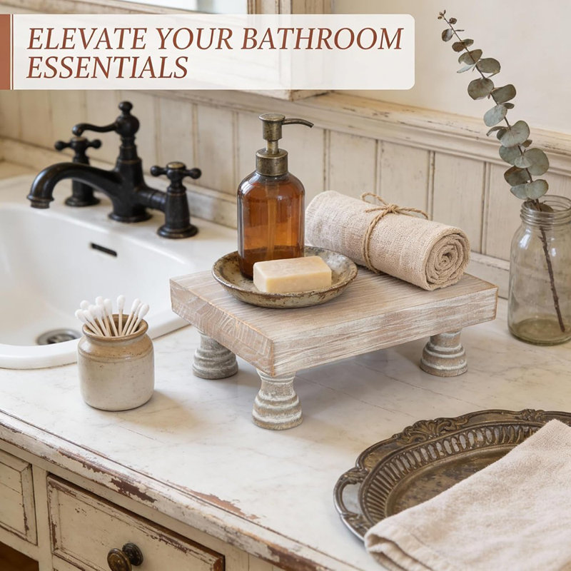 Farmhouse Wooden Riser, Rustic Decorative Pedestal Stand For Bathroom And Kitchen Counter Display