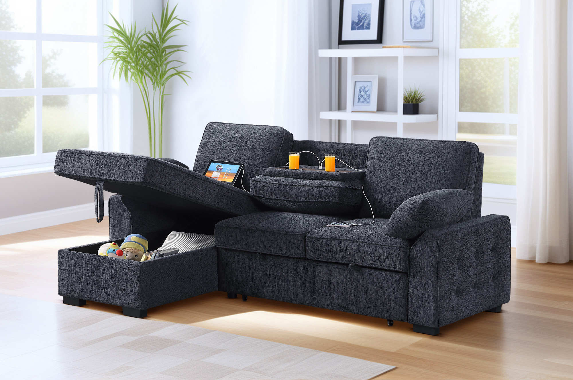 Ebern Designs 91inch Upholstered Pull Out Sleeper Sectional Sofa With ...