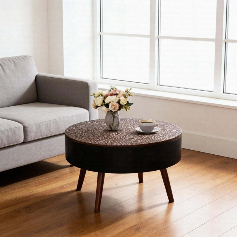 Table basse ronde de 31,5 po avec plateau gravé, table d'appoint avec pieds en bois massif, style maison de campagne rustique