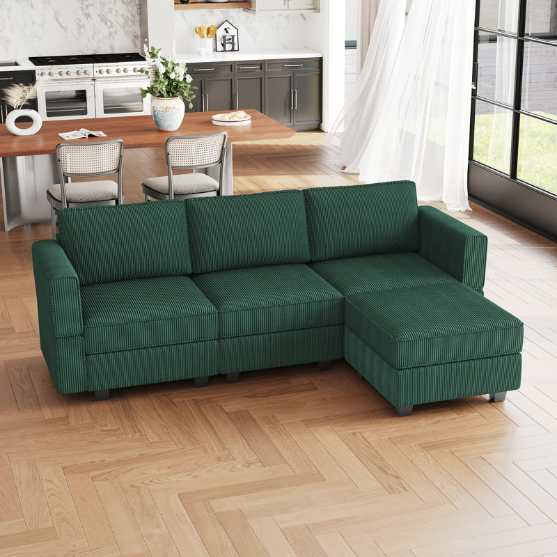 Corduroy 3-Seat Couch Modular Small Sofa, Comfy Upholstered Sofa For Living Room, Apartment, Office, Green Corduroy
