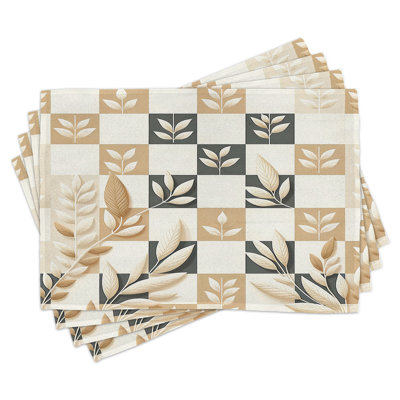 Ambesonne Neutral Place Mats Set of 4 Leaves on Checkered Board Standard Beige Ecru Dimgray -  ser_sd1882